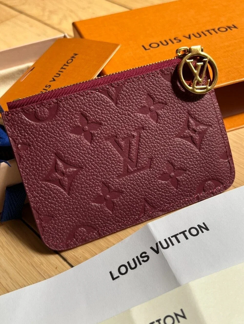 Louis Vuitton Burgundy Embossed Monogram Card Pouch with Gold Charm